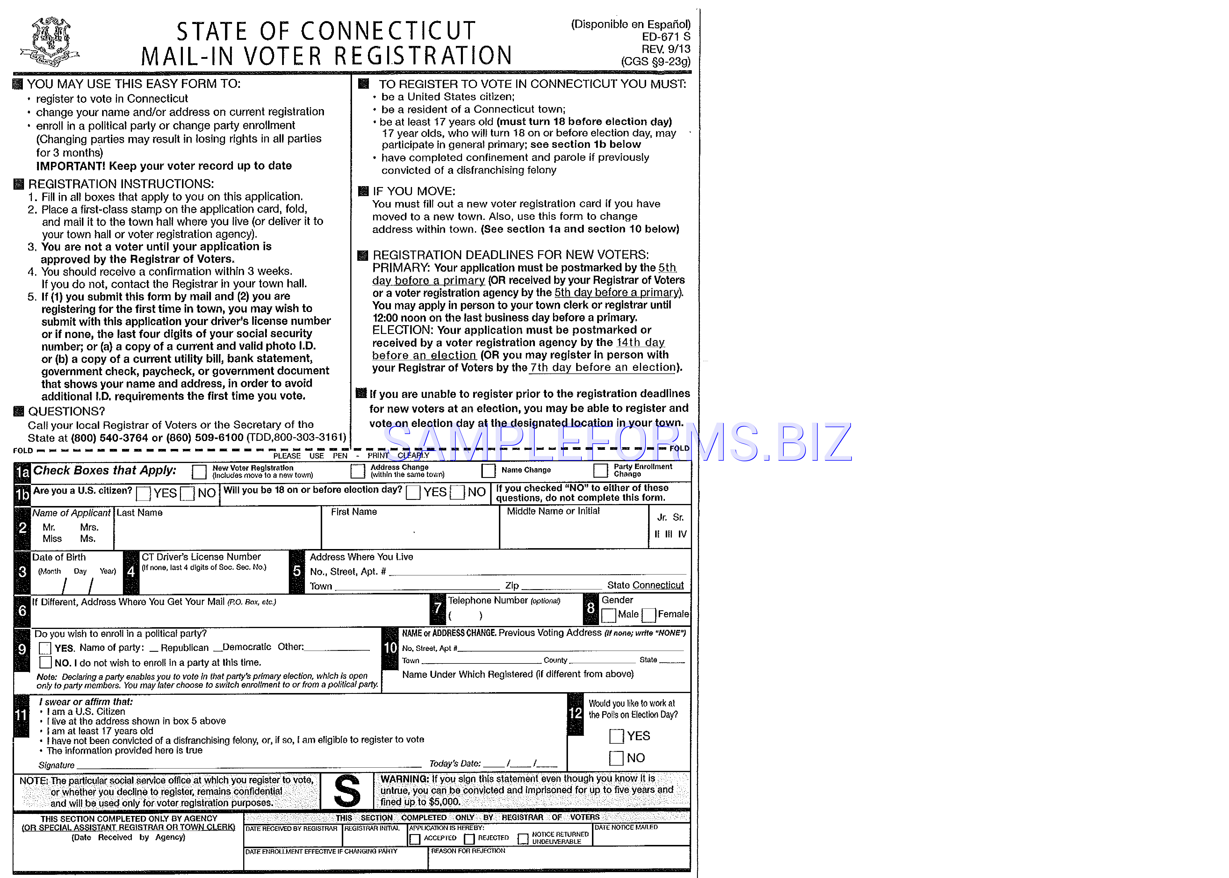 Preview free downloadable Connecticut Voter Registration Form in PDF (page 1)